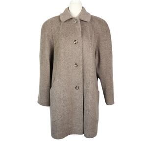 Vintage 80s Alorna Taupe Brown Herringbone Wool Mid Length Coat L